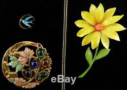 8 Vintage Enameled Metal Pins Brooches 1 Necklace Pendant Flowers Birds T05