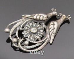 925 Silver Vintage Antique Garden Love Birds Floral Brooch Pin BP10163