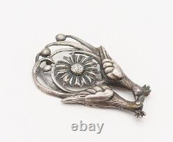 925 Silver Vintage Antique Garden Love Birds Floral Brooch Pin BP10163