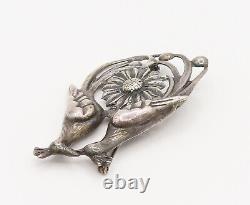 925 Silver Vintage Antique Garden Love Birds Floral Brooch Pin BP10163