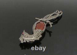 925 Silver Vintage Carnelian & Marcasite Shiny Large Bird Brooch Pin BP9106