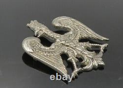 925 Sterling Silver Vintage Antique Oxidized Crowned Bird Brooch Pin BP3800