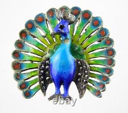 935 Sterling Silver Art Deco Enamel and Marcasite Peacock Brooch Pin Blue Bird
