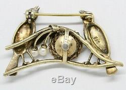 ANTIQUE VINTAGE ART DECO 835 Silver Gilt Brooch Pin PASTE & PEARL BIRDS in NEST