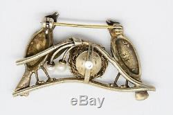 ANTIQUE VINTAGE ART DECO 835 Silver Gilt Brooch Pin PASTE & PEARL BIRDS in NEST