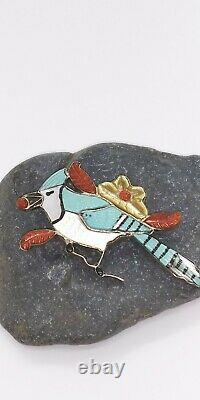 A. Pinto Vintage Zuni Bluejay Bird Pin Brooch Pendant Carved Multi-stone Inlay