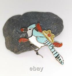 A. Pinto Vintage Zuni Bluejay Bird Pin Brooch Pendant Carved Multi-stone Inlay
