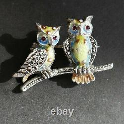 Alice Caviness Owls Pin Brooch Birds Figural Sterling Silver Marcasites Vintage