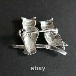 Alice Caviness Owls Pin Brooch Birds Figural Sterling Silver Marcasites Vintage