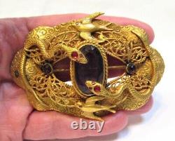 Amazing Victorian Gold Filled Pin Snakes Birds Glass Stones Huge Ornate 48 Grams