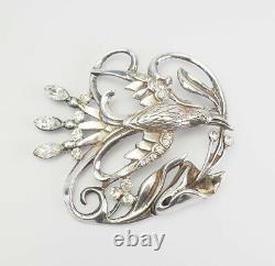 Amazing ornate vintage sterling silver crystals large flying bird folk pin
