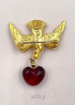 Andrew Spingarn Signed Vntg Bird Figural Poured Glass Stone Heart Dangle Brooch