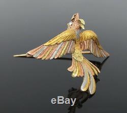 Antique 0.75ct Old Mine Cut Diamond & 14K Multi Color Hand Carved Bird Brooch