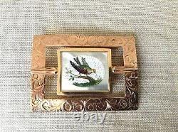 Antique 10K Rose Gold Hand Engraved Brooch with MOP+Oval Inlaid Mosaic of Bird