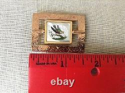 Antique 10K Rose Gold Hand Engraved Brooch with MOP+Oval Inlaid Mosaic of Bird
