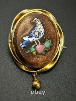Antique 10k Gold Bird Micro Mosaic Brooch Pin, Italy, Grand Tour Souvenir
