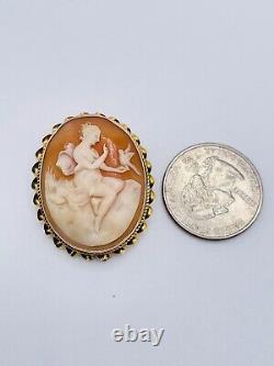 Antique 10k Gold Shell Cameo Muse with Bird Brooch Beautiful