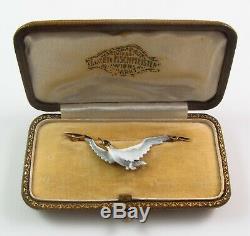 Antique 14K Gold Art Nouveau Enamel Seagull Bird Brooch Pin With Fitted Box