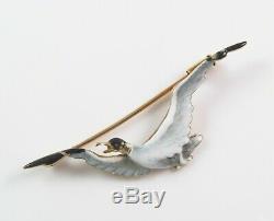Antique 14K Gold Art Nouveau Enamel Seagull Bird Brooch Pin With Fitted Box