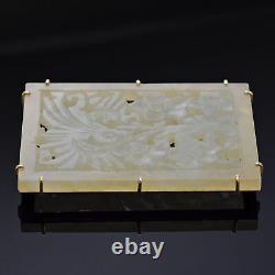 Antique 14K Gold Mutton Fat Jade Floral Bird Carved Rectangle Plaque Brooch Pin
