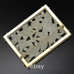 Antique 14K Gold Mutton Fat Jade Floral Bird Carved Rectangle Plaque Brooch Pin