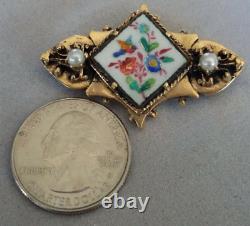 Antique 14k Gold Brooch Hand Painted Bird Flowers Pearls Hearts 13 grams