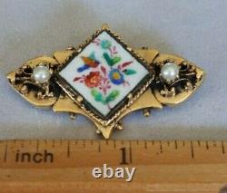 Antique 14k Gold Brooch Hand Painted Bird Flowers Pearls Hearts 13 grams