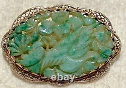 Antique 14k Gold Finely Carved Jade Bird Lotus Deco Chinese Pin Brooch