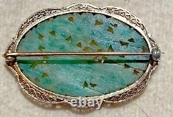 Antique 14k Gold Finely Carved Jade Bird Lotus Deco Chinese Pin Brooch