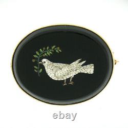 Antique 14k Gold Micro Mosaic Dove Bird & Tree Branch Black Onyx Oval Pin Brooch