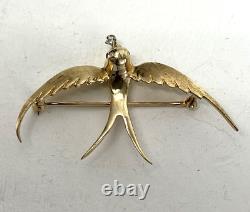 Antique 14k Gold Swallow Bird Diamond Ruby Brooch