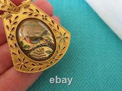 Antique 14k Yellow Gold Handpainted Bird On Branch Pendant-brooch 37 X 40 MM