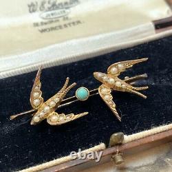 Antique 15ct bird brooch Edwardian twin swallow seed pearl turquoise with box