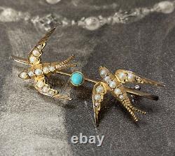 Antique 15ct bird brooch Edwardian twin swallow seed pearl turquoise with box