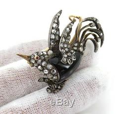 Antique 1800s 1.80ct Rose Cut Diamond & 12ct Garnet Silver & Gold Bird Brooch
