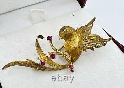 Antique, 18K YG Bird Of Paradise Brooch With Ruby And Emerald