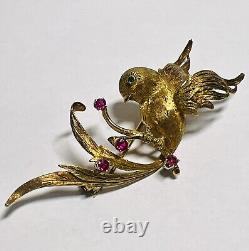 Antique, 18K YG Bird Of Paradise Brooch With Ruby And Emerald