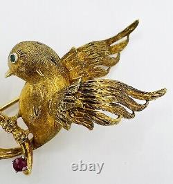 Antique, 18K YG Bird Of Paradise Brooch With Ruby And Emerald