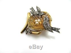 Antique 18k Gold Silver Rose Cut Diamond Bird Nest Pin Brooch Vintage