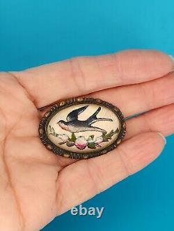 Antique 1900s Victorian Mourning Brooch/Pin Reverse Painted Bird Flowers Int