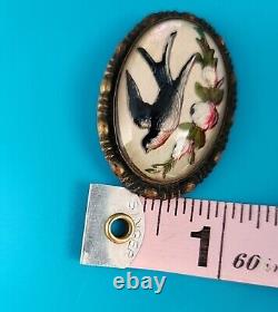 Antique 1900s Victorian Mourning Brooch/Pin Reverse Painted Bird Flowers Int