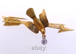 Antique 1930's 14k Yellow Gold Dove Bird Diamond Pin Brooch