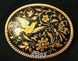 Antique 24 k Gold Black Enamel Damascene Bird Floral Spanish Brooch Pin GEP Vtg