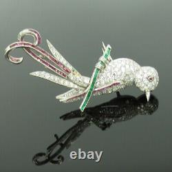 Antique 4.0ct Old Cut Diamond 3.50ct Ruby Emerald Platinum Paradise Bird Brooch