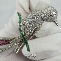 Antique 4.0ct Old Cut Diamond 3.50ct Ruby Emerald Platinum Paradise Bird Brooch