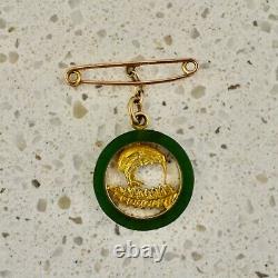Antique 9ct 375 solid yellow gold Nephrite Jade NZ Kiwi Bird round brooch pin