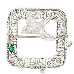 Antique Art Deco 14k Gold Swallow Bird Diamond Emerald Filigree Frame Pin Brooch