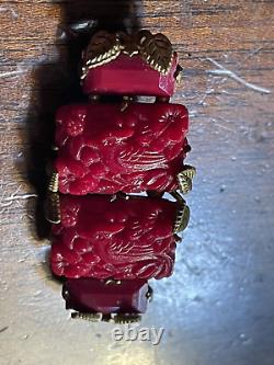 Antique Art Deco Molded Red Bird Glass Stones withGold Tone Gablonz Czech Brooch