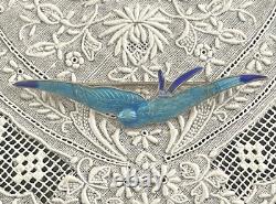 Antique Art Deco Nouveau Sterling Swallow Bluebird Guilloche Enamel Pin Brooch