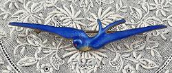 Antique Art Deco Nouveau Sterling Swallow Bluebird Guilloche Enamel Pin Brooch